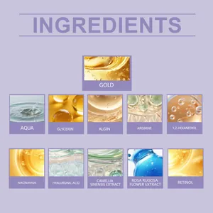 Detaillierte Liste der Inhaltsstoffe der Augenmaske mit Hyaluronsäure, Gold, Retinol.