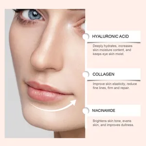 Ingredient detail of eye mask: Hyaluronic Acid, Collagen, and Niacinamide for skin repair.