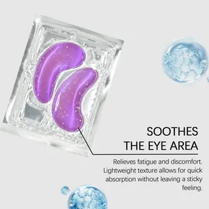 Gros plan sur les masques yeux violets pailletés montrant une texture apaisante et pénétrante