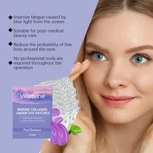 Parches de colágeno Viareline con detalle del envase y aplicación en el contorno de ojos