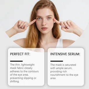 Modelo mostrando mascarilla de colágeno rosa para nutrir la piel de los ojos