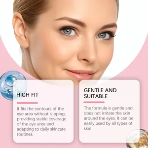 Vista profesional de beneficios de mascarilla de ojos, fórmula suave y ajuste alto en la piel.