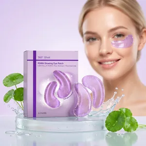 Close-up of purple hydrogel eye patches with Centella and water splash details.