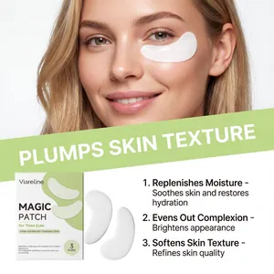 Detail des Viareline Magic Patch Augenpads auf der Haut mit Produktverpackung