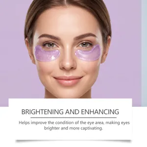 Detailed view of a woman wearing purple glitter eye masks for brightening effects