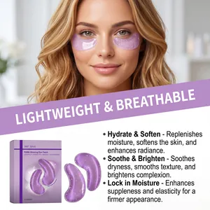 Detailed view of purple glowing eye patches with key hydrating and brightening benefits.