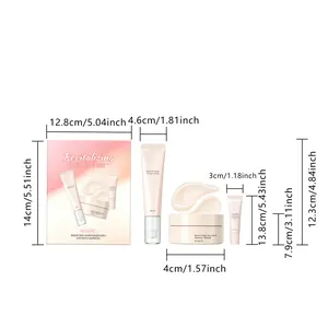 Dimensiones del producto y detalles del set revitalizante de cuidado facial completo.