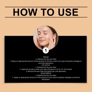Guía detallada paso a paso para el uso de suero, parches de ojos y crema facial del set.