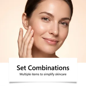 Primer plano detallado de piel suave y radiante para combinaciones de sets de cuidado facial.