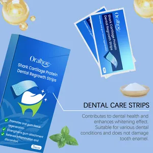 Oralhoe Shark Cartilage Protein dental strips shown with packaging and natural ingredients.