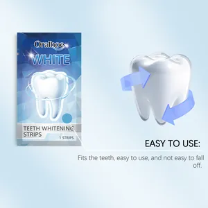 Detail view of Oralhoe teeth whitening strips sachet with easy application instructions.