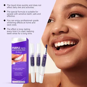 Close-up of model smiling next to Oralhoe Purple Teeth Whitening Pen 3-pack set