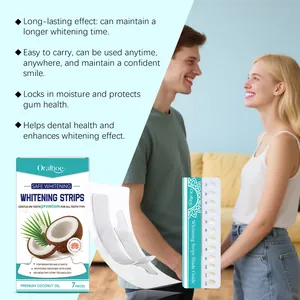 Gentle coconut oil teeth whitening strips with shade guide for brighter smile.