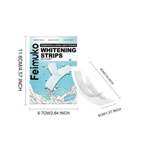 Detailed size guide for Feimuko teeth whitening strips showing box and strip dimensions.