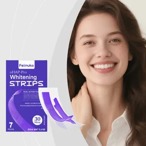 Close-up of purple teeth whitening strips box and model showing bright smile results.