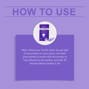 Instructional guide for Feimuko teeth whitening strips showing how to apply the gel side.