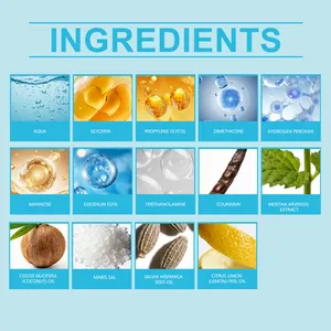 Natural ingredients list for teeth whitening strips including coconut oil and lemon peel oil.
