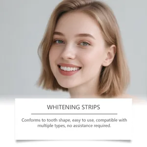Close-up of teeth whitening strips effect on a smiling woman with bright white teeth