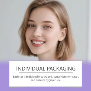 Smiling woman showcasing clean white teeth with individually packaged dental strips