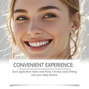 Model showing a bright smile using Feimuko purple teeth whitening strips daily.