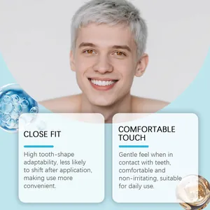 Detailed features of whitening strips highlighting close fit and comfortable touch.