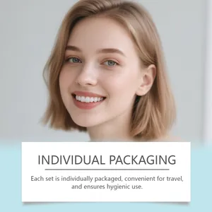 Smiling woman showing white teeth, highlighting hygienic individual packaging for teeth strips