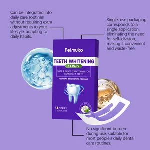 Detailed view of Feimuko purple teeth whitening strips box with feature descriptions