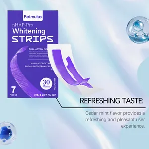 Professional detail showing Feimuko purple whitening strips with cedar mint flavor info.