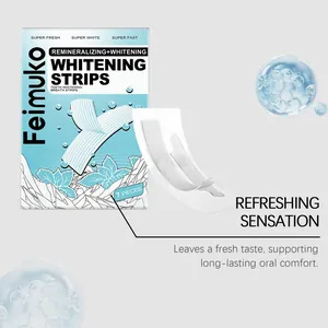 Detail view of Feimuko teeth whitening strips with mint flavor for fresh breath and care
