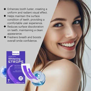 Close-up of woman smiling with Feimuko purple whitening strips packaging and key benefits.