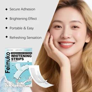 Feimuko teeth whitening strips set featuring a radiant smile from a happy model