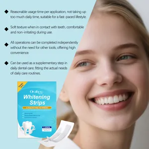 Detailed features of Oralhoe teeth whitening strips box with professional model smile