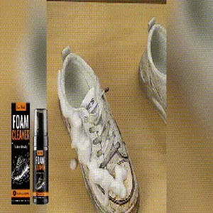 Close-up of Jue Fish foam cleaner applied on a white sneaker for effective stain removal