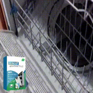 Close-up of a blue and white dishwasher cleaner tablet box inside a kitchen dishwasher rack.