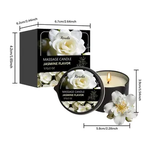 Jasmine scented massage candle with box showing product dimensions in inches and cm.