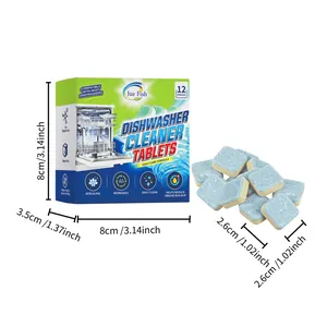 Detailed view of Jue Fish dishwasher cleaner tablets with box and unit dimensions.