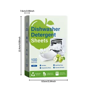 Detailed view of dishwasher detergent sheets box with precise size measurements in cm and inches.