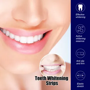 Close-up detail showing the application of effective teeth whitening strips on white teeth.