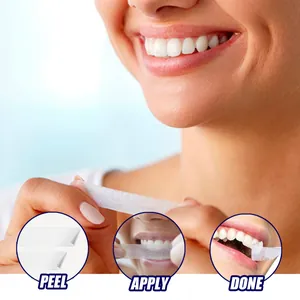 Three-step instruction for using professional teeth whitening strips: peel, apply, done.