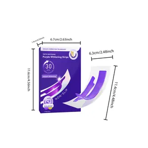 Detail view of purple teeth whitening strips with precise box and strip dimensions
