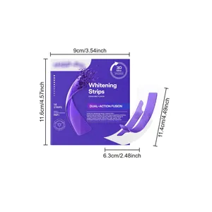 Purple whitening strips detail image showing 14 strips count and product size dimensions