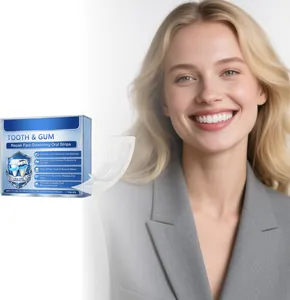 Detail view of fast-dissolving tooth & gum repair oral strips and packaging