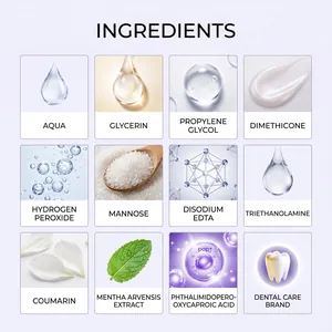 Detailed ingredient list for purple teeth whitening strips with scientific icons.