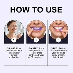 Detailed three-step instruction guide for applying purple teeth whitening strips safely