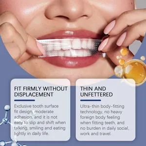 Close-up of thin whitening strip application for comfortable dental care and stain removal