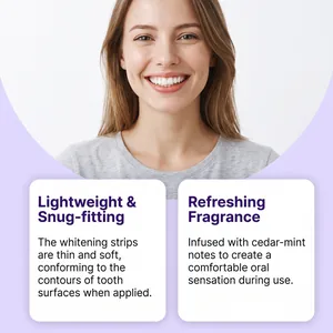 Feature detail of purple teeth whitening strips with refreshing mint cedar fragrance