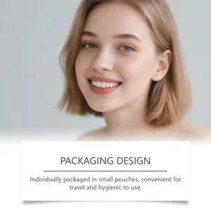 Detailed packaging design of individually pouched teeth whitening strips for travel.