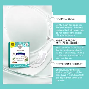 Detail view of Jaysuing whitening strips showing key ingredients and oral benefits