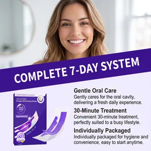 Professional detail view of purple teeth whitening strips with 7-day treatment benefits