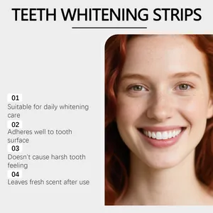 Smiling woman showcasing bright results with teeth whitening strips for daily care.